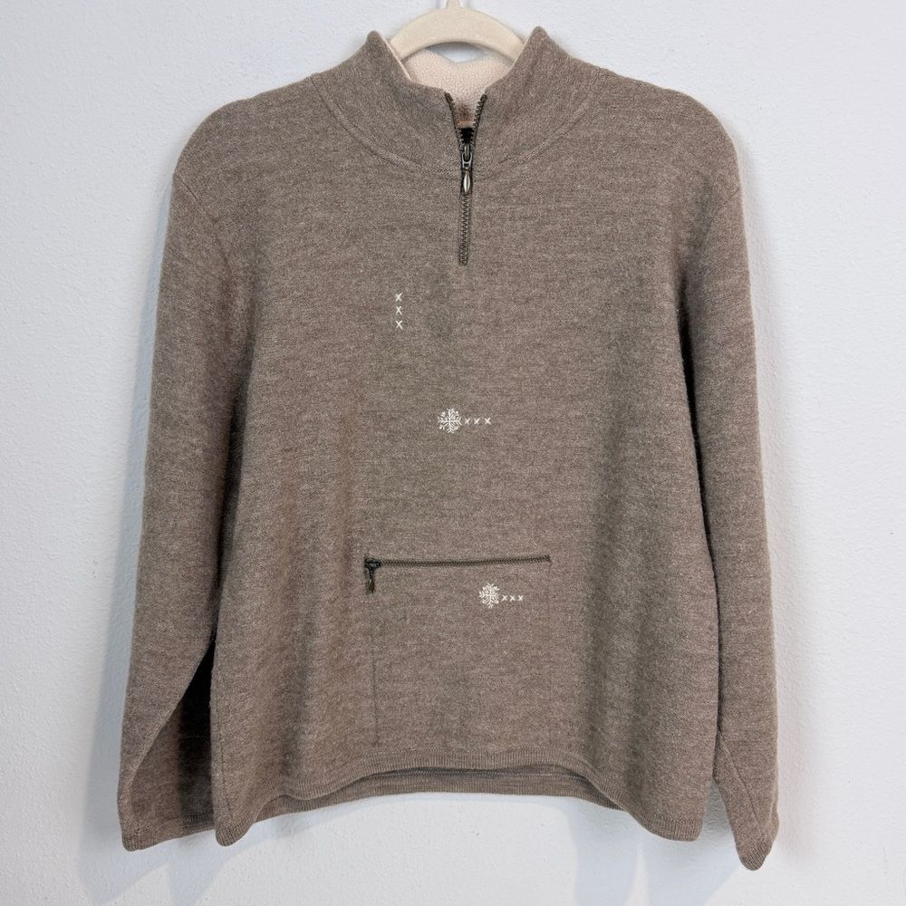Vintage Woolrich Tan Quarter Zip Embroidered Snowflake Wool Sweater M